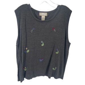 Studio Works Womens Tank Shirt Top Multicolor Floral Embroidered Acrylic Gray 2X